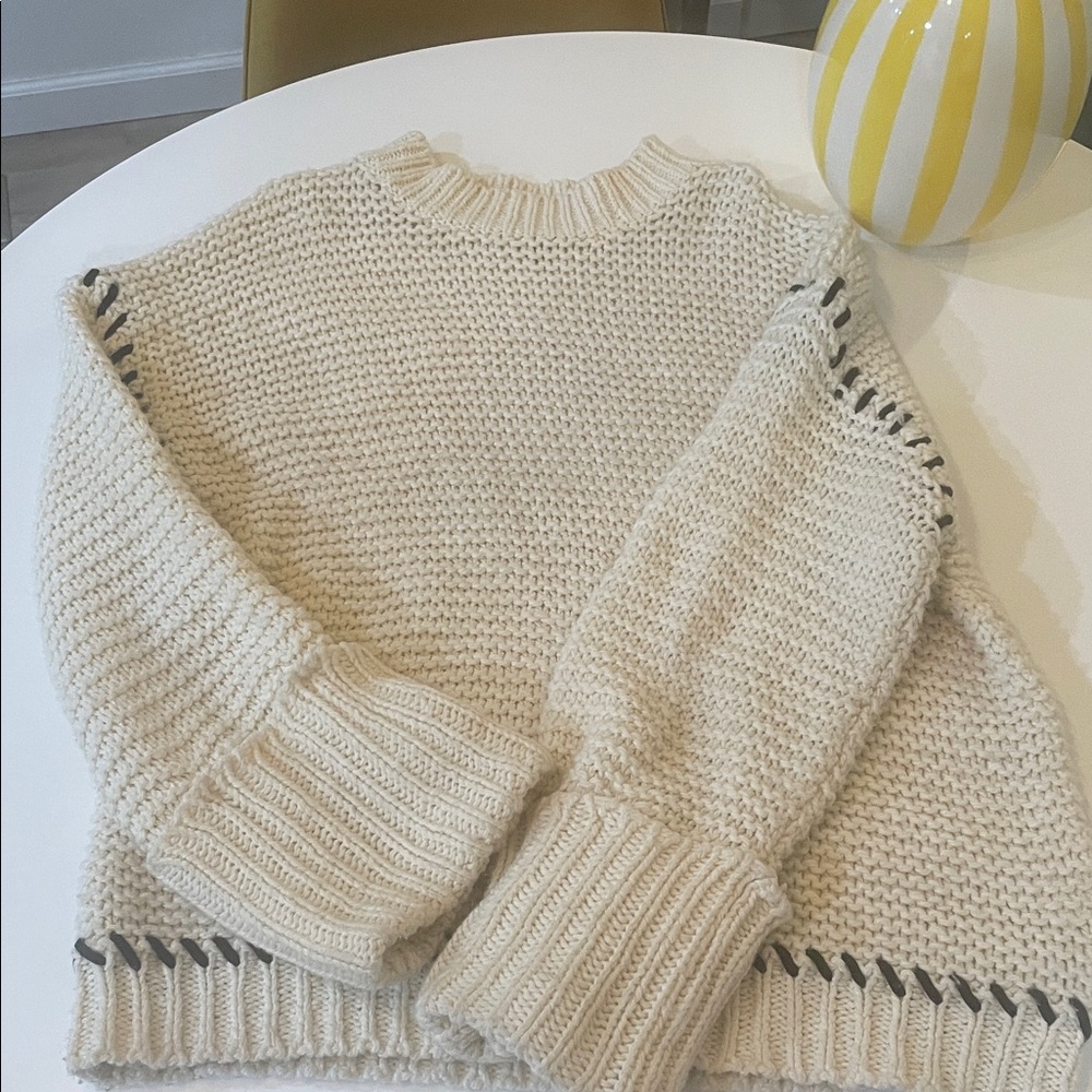 Topshop Oversized Cream Knit Sweater with Black Accents